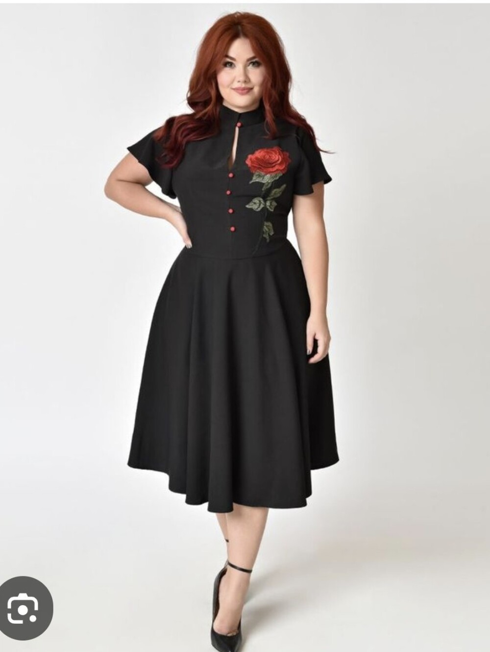 Unique Vintage Black Midi Dress with Red Rose Embroidery